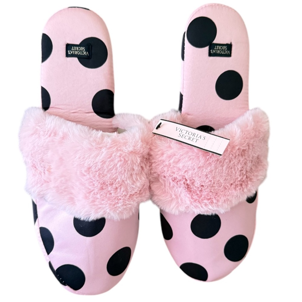 Victoria's Secret Pink and Black Polka Dot Slippers. Size L 9/10